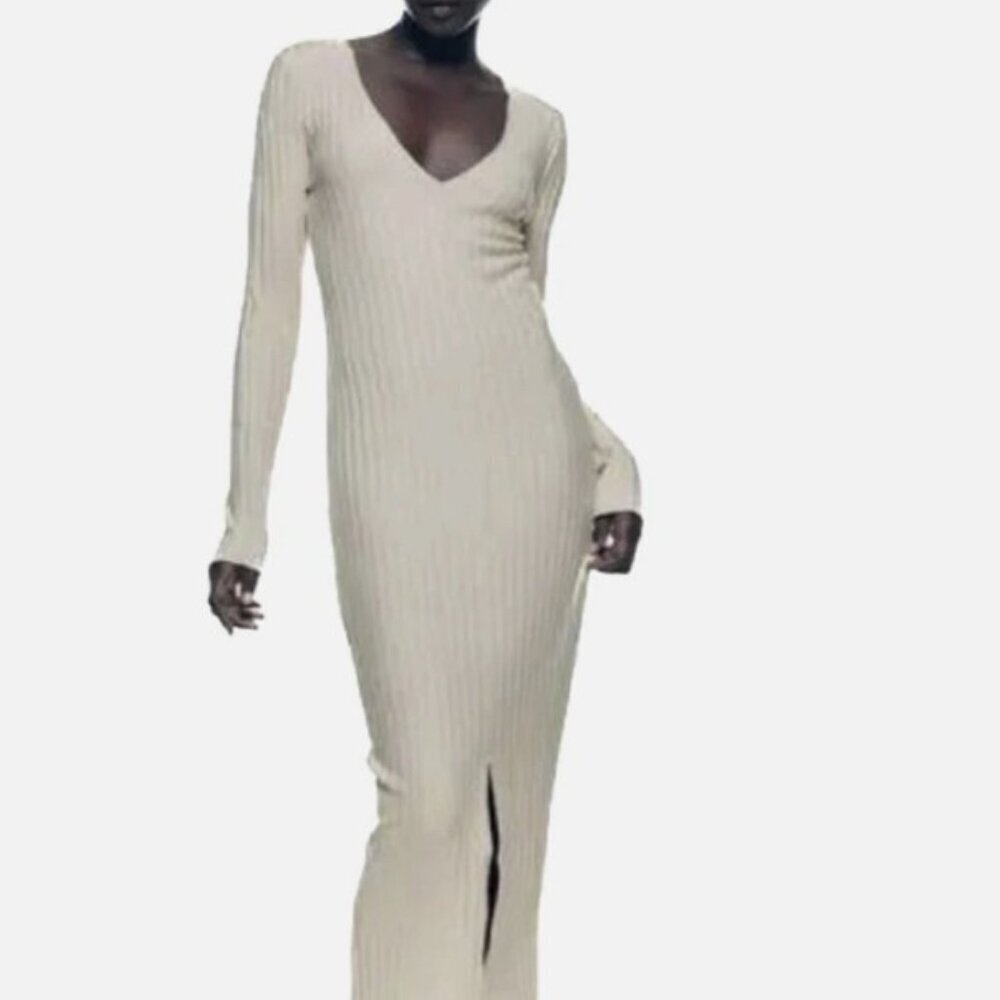 ZARA Women's Soft Ribbed Midi Dress Long Sleeves SIZE M Beige 7901/879/720